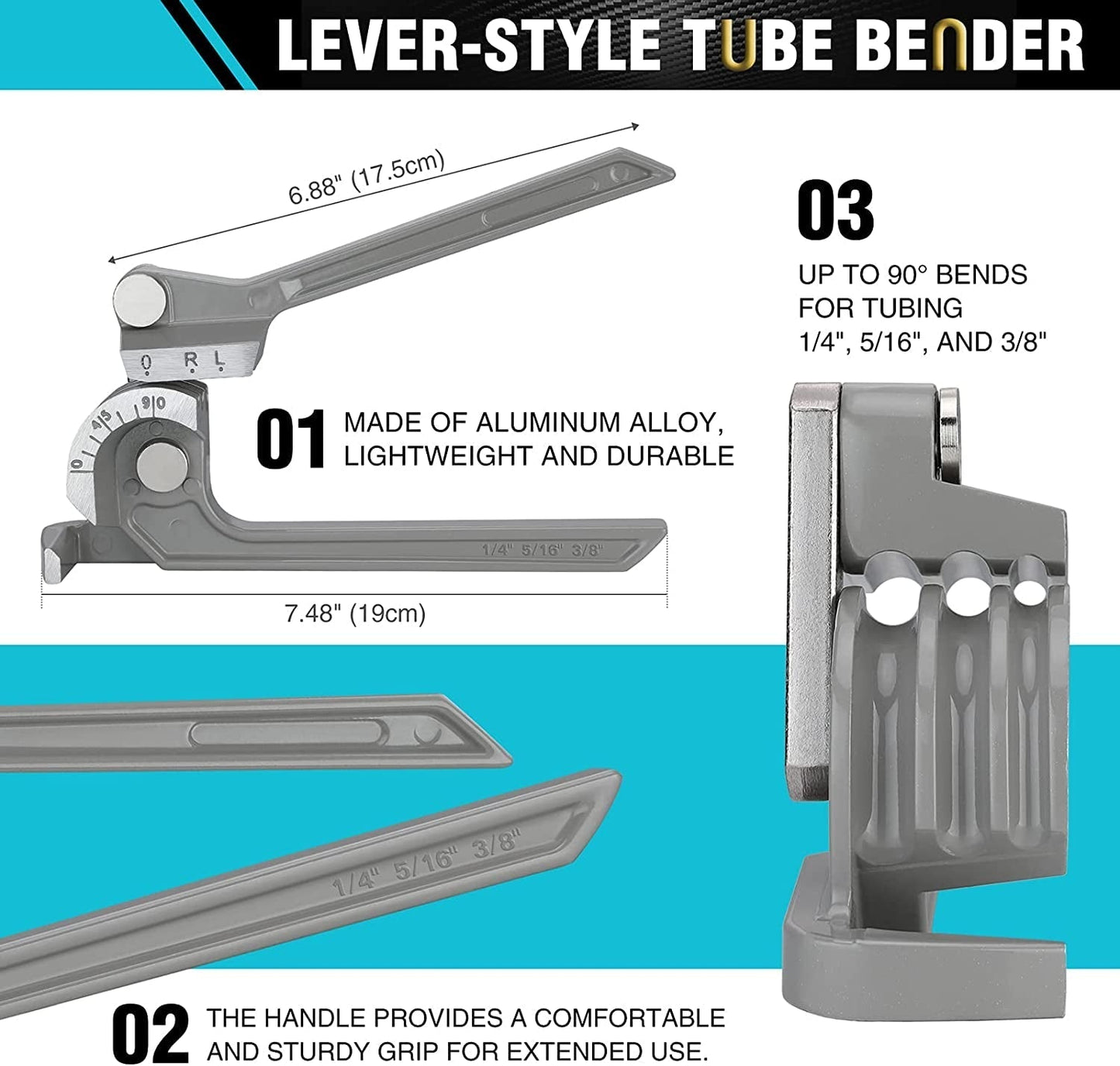 Tube Bender, Pipe Bender, 3-IN-1, 1/4", 5/16", 3/8", for Copper, Brass, Aluminum and Thin Steel Pipes