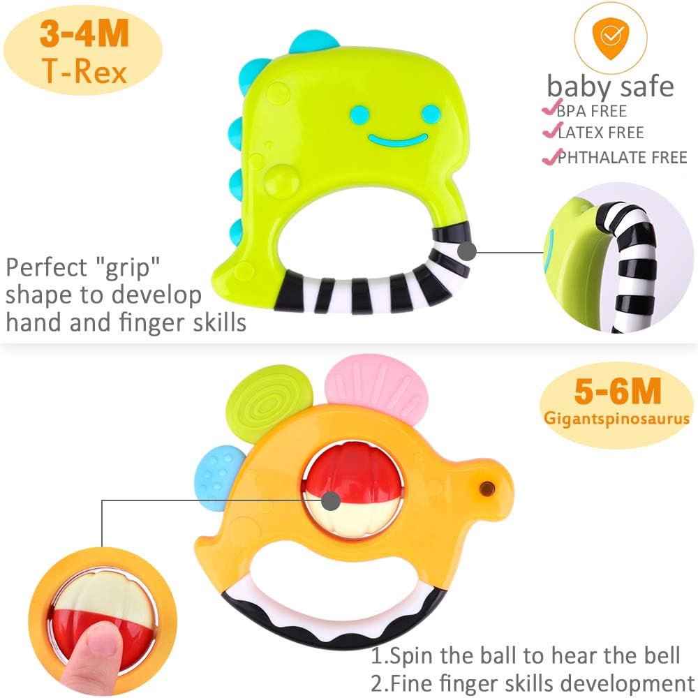 Dinosaur Baby Rattles, Infant Shaker, Newborn Grab N Shake Rattle, Sensory Teether, Development Learning Teeth Toy