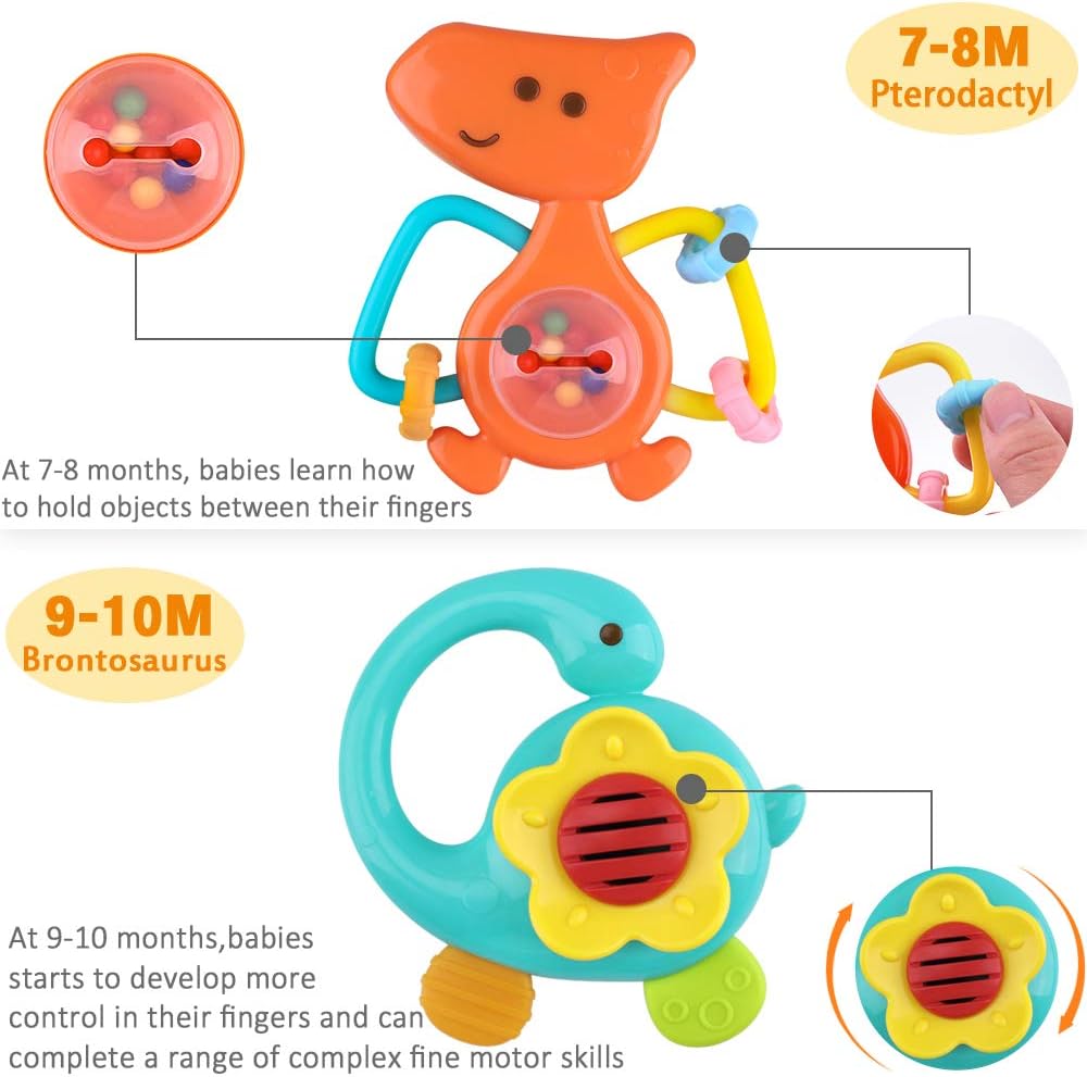 Dinosaur Baby Rattles, Infant Shaker, Newborn Grab N Shake Rattle, Sensory Teether, Development Learning Teeth Toy