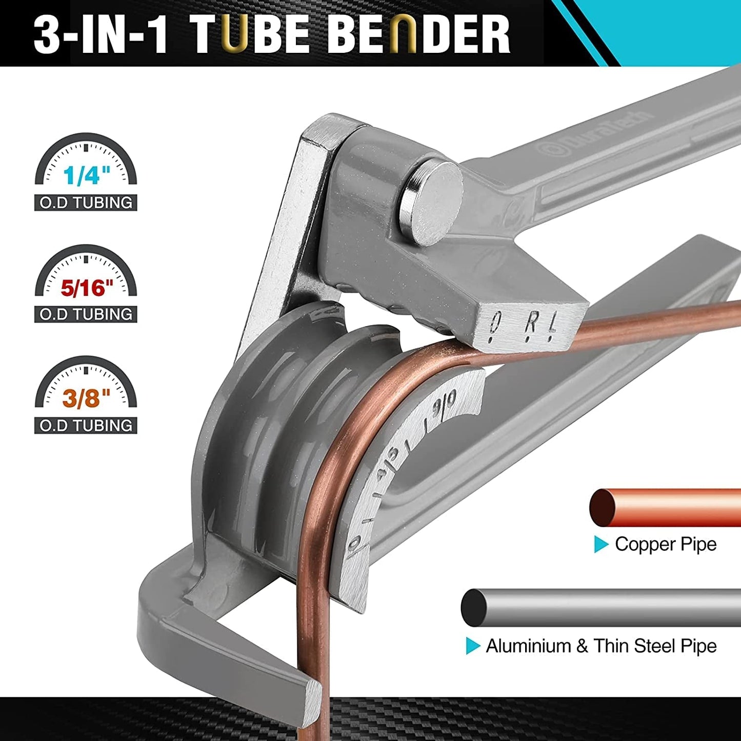 Tube Bender, Pipe Bender, 3-IN-1, 1/4", 5/16", 3/8", for Copper, Brass, Aluminum and Thin Steel Pipes